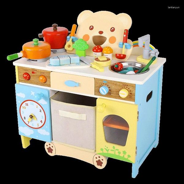 Сводная посуда устанавливает деревянные притворные притворные игры на кухонный набор с аксессуарами игрушек для мальчиков и девочек