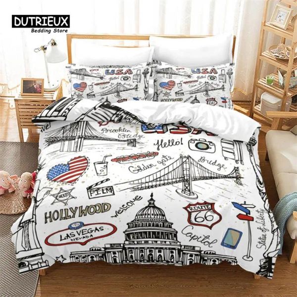 Conjuntos de cama Conjunto de edifícios da cidade da Europa Cidade 3D DUVET CABELO DE CAPUTON DE CARATURO KING PAR