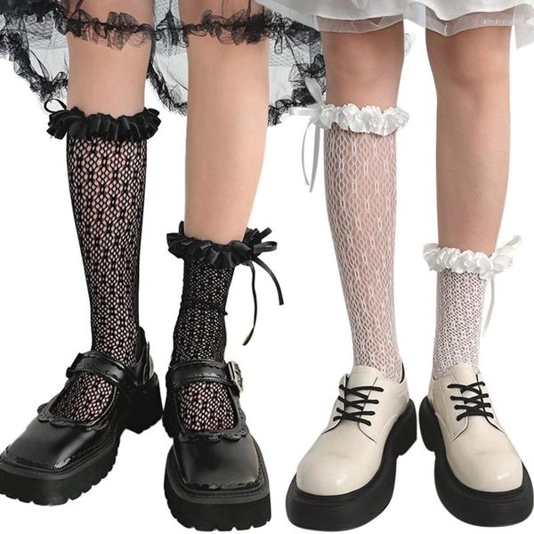 Frauen Socken japanische süße Spitzenfischnetz Knie hohe adrette Rüschen gekräuseltes Band Bowknot Mesh Strümpfe