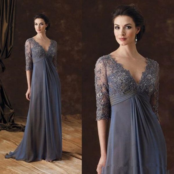 Elegantes Empire Taille Mutter der Braut Kleider Spitze Halbärmel Abendkleider gegen Nacken Chiffon Langes Hochzeitsgastkleid M98 298r