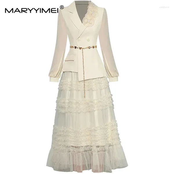 Vestidos de trabalho Maryyimei Designer de moda Conjunto de primavera Autumn Apliques femininos de manga comprida