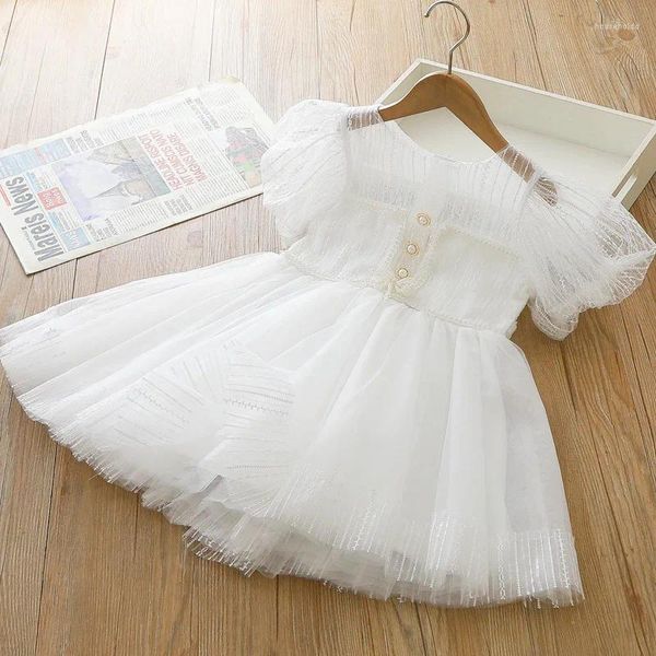 Mädchenkleider 2024 Sommer Spitzenkleid weiße Perle Garn Little Klavier Prinzessin Abend Kinder Kleidung Hochzeit Kleinkind