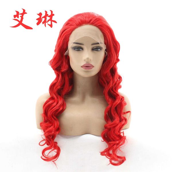 Parrucca a onda rossa brillante pizzo anteriore in fibra sintetica fascia mezza capelli lunghi capelli ricci