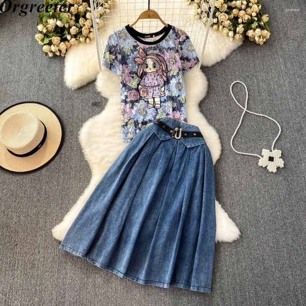 Рабочие платья Summer Fashion Tshirt Denim Юбка с двумя частями женские наряды мультфильм вышива