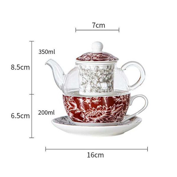 Tazze di piattini tè a fiore rosso per un set di piastre di porcellana di teiera in vetro e tazza di caffè a ginnastica con tazza da tè con scatola regalo