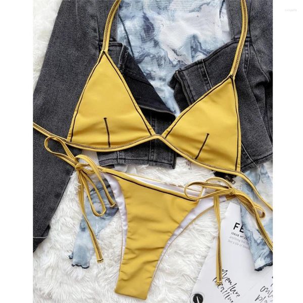 Kadın Mayo Sarı Mayo Mikro Bikini String Halter Strappy İki Parça Trendi Tasarım Kadın Plaj Takım Bankası Bikinis Setleri kıyafetler