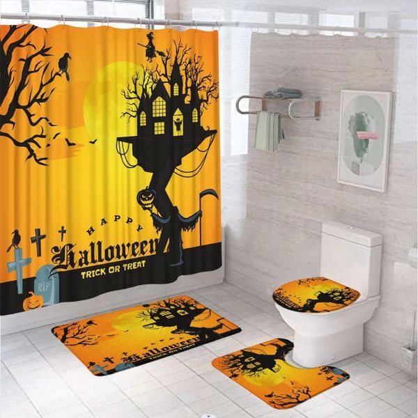 Cortinas de chuveiro 4pcs corvo abóboras de bruxa de banheiro conjunto de halloween férias na árvore de morcego de taco de batedor de banho não deslizamento tampa do banheiro tampa do banheiro