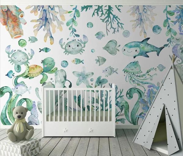 Tapeten Custom Cartoon Aquarell Unterwassertiere Wandaufkleber für Kinderzimmer Dekoration Zubehör Wandwallpaper Schlafzimmer