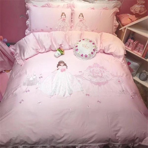 Set di biancheria da letto rosa 600tc di cotone egiziano in pizzo carino vestito principessa da ricamo da abbigliamento set di coperchio piumino foglio foglio di cuscino