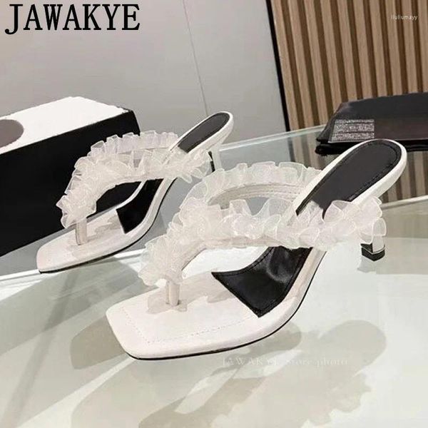 Slippers Black Lace Ruffle Edge Design Flip Flops Women Square Toe High Heel Gladiatus Sandals Summer Sexy Party Shoes