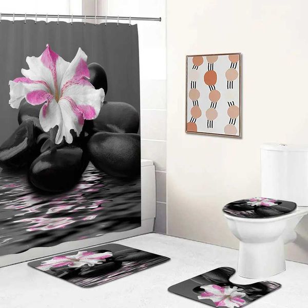 Duş Perdeleri Zen Banyo Perdeleri Set Yeşil Bambu Lotus Siyah Taş Meditasyon Spa Banyo Dekorasyonları Polyester Banyo Mat Tuvalet Kapak Kapağı