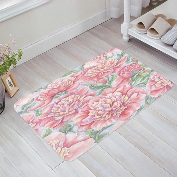 Tapetes rosa peony flor flor aquarela pintando cozinha tape de tape de estar decoração de carpete home hall hall de entrada de capacho anti slip tapete