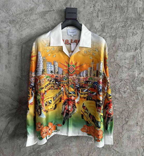 Рубашка для мотоциклетов Casablanca Motorcycle Print Casual Loak Shirt Men Designer шелк с длинными рукавами рубашка