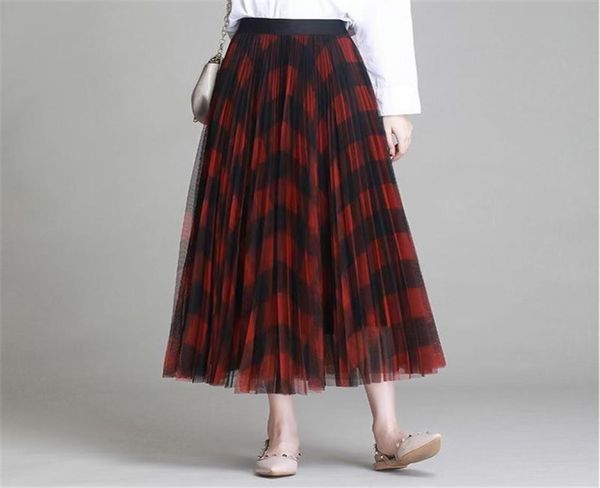 Winter Vintage Plaid Place Falten Maxi Long Tüllröcke Elegantes rotes Green Check Tartan Aline Knöchel Langes Netz Röcke6169559