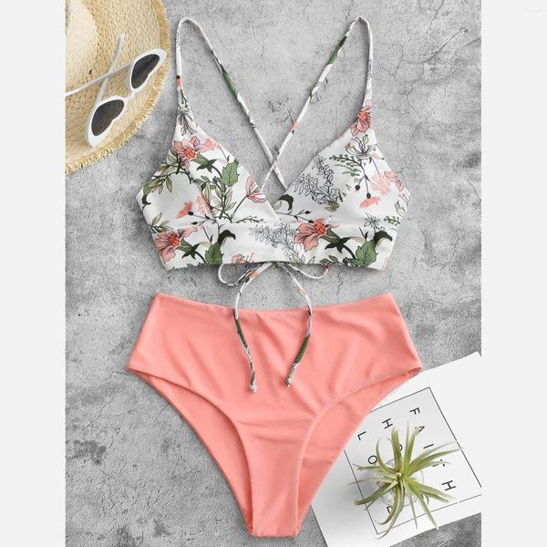 Bikini da bagno femminile Bikini sexy cinghie di stampa a foglia motivi per bagno femminile abiti da bagno 2 pezzi Summer Swimming abbigliamento da spiaggia