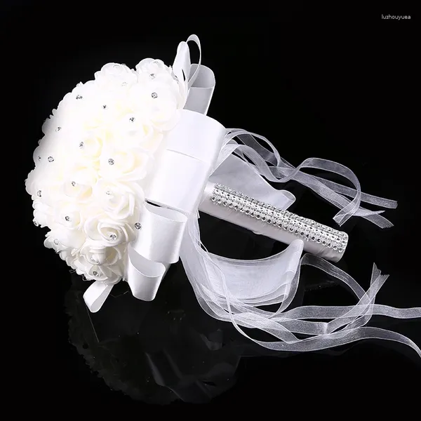 Fiori decorativi nozze bouquet bianco da sposa da sposa da sposa rosa artificiale sposa rosa artificiale con nastri per manici per decorazioni per feste