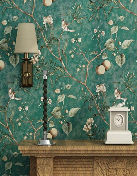Amerikan pastoral çiçek ve kuş duvar kağıdı vintage elma ağacı duvar duvar kağıtları rulo yeşil sarı duvar kağıt kağıt peint9025516