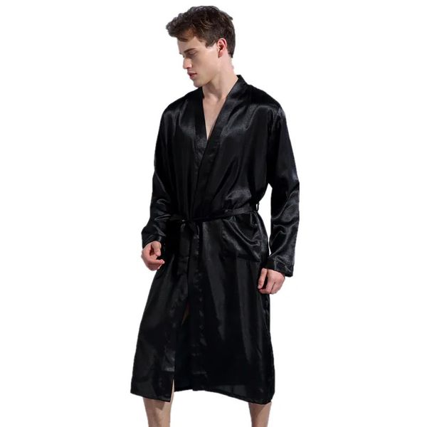 Rúscula de seda artificial de mangas compridas pretas de mangas compridas pajamas de banheiro de seda de seda s m l xl xxl 240508