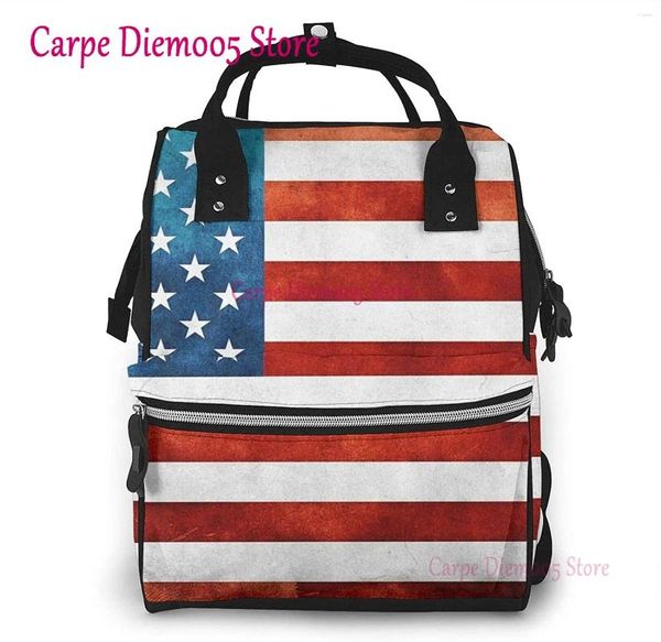 Backpack Vintage American USA Flag Impresso Mummy Bag Bag multifuncional Maternidade Bolsas de fraldas
