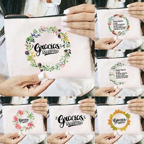 Bolsas de armazenamento estampes espanholas de maquiagem fêmea de maquiagem fêmea Organizador da escola Bolsa de lápis Lady Wash Pouch Professor Presentes