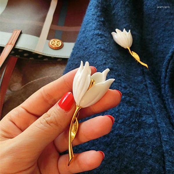 Broschen französische leichte Luxus Tulpe Blume Emaille Brosche Mode weiß rosa Nadel für Pullover Mantel Dekoration Frauen Kleidungsstück Schmuck Schmuck