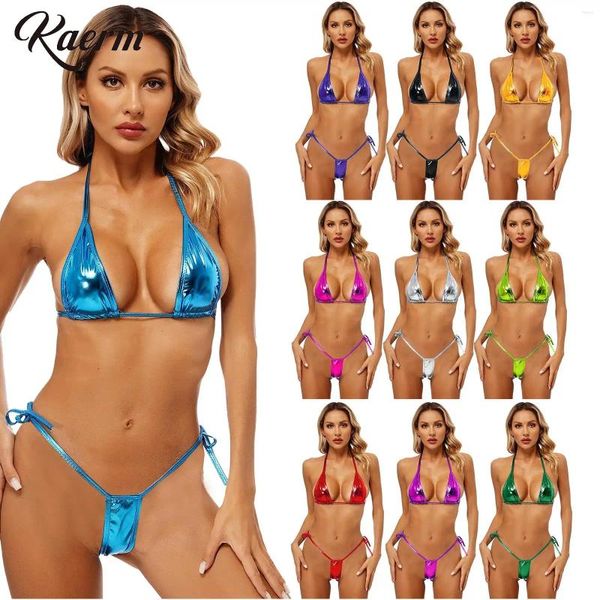 Costumi da bagno femminile femminile in bikini metallizzato set luccicante da bagno a due pezzi Top a triangolo non padgato