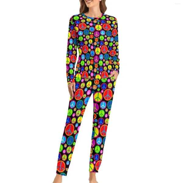 Sonno di abbigliamento da donna Simbolo di pace pigiano primavera dinamica per occhio colorato per oversize da notte oversize da notte a maniche lunghe grafiche set di pigiama