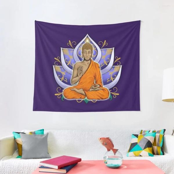 Arazzi Abhaya Mudra Buddha con Violet Lotus Flower Tapestry Decorazioni carine Astetica Corea Corea Camera da letto Corea