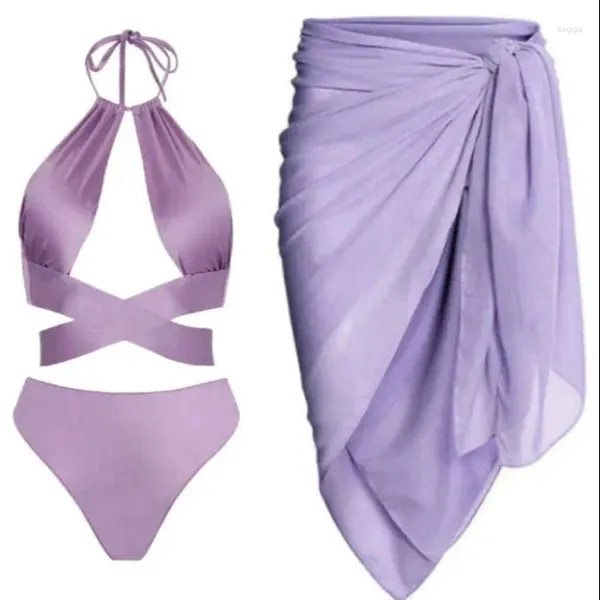 Menas de banho feminina Purple Swimsuit de uma peça sexy Bikini de cor sólida e encobrir o Halter Halter Beachwear Lace High Waist Backless Backless