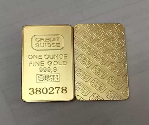 10 PCs Nicht -Magnetkredit Suisse 1oz Real Gold Platted Bullion Stab Schweizer Souvenir -Pergot -Münze mit unterschiedlicher Lasernummer 50 x 28 M8313656
