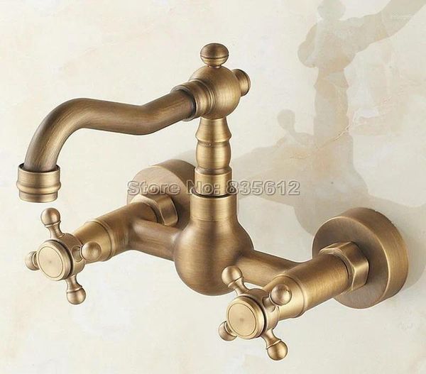 Waschbecken Wasserhähne Antiquitäten Messing Schwenksputungsküche Wasserhahn / Wandmontage Dual Cross Griffe Beckenmixer Taps Wtf003