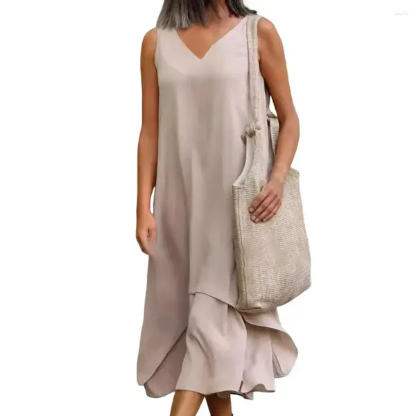 Abiti casual Summer Women Dress v Neck Sleeveless Type Tipo patchwork a doppio strato a doppio strato a-line Midi