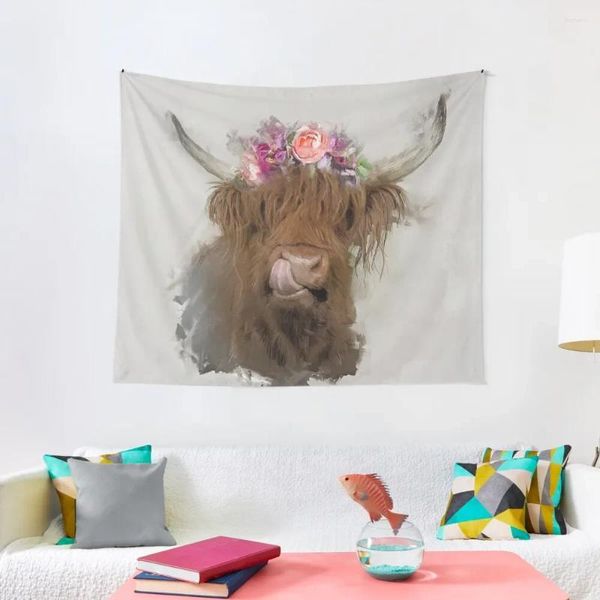 Taquestres Highland Cow Flor Crown Painting Tapestry Pinturas decorativas Murais de parede Decorações para o seu quarto