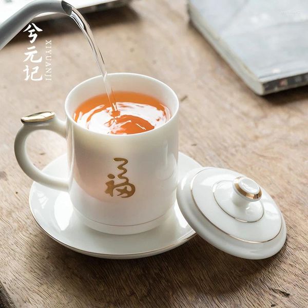 Tee -Sets | Weißes Porzellan Fu Word Office Water Tasse Suet Jade großer Tee mit Deckkonferenz Keramik
