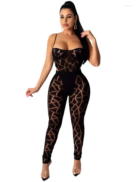 Calças de duas peças femininas 2 Conjunto 2024 Sexy Speaghett Strap Bodysuit Long Women Mulhers Ter Suit Night Playsuit