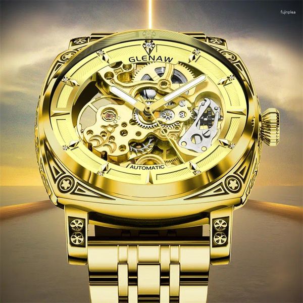 Relógios de pulso Glenaw Men Watch Skeleton Mechanical Watchwatch Retro Man Relógio Top Relógio Hombre Reloj