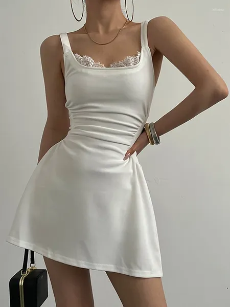 Lässige Kleider Frauen weißes Mini -Kleid mit Spitzenkanten Sommer Taille Straffung schlanker und eleganter Party -Tanktop Dres