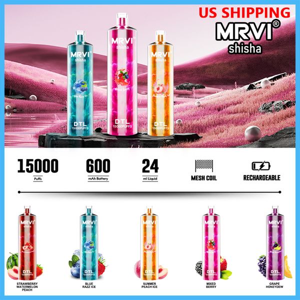 Original Mrvi Hookah Puff 15K 15000 sbuffi VAPE usa e getta E con luce LED LEGGIO da 24 ml di carrelli ricaricabili da 600 mAh batteria DTL Stile di svapo Penna USA