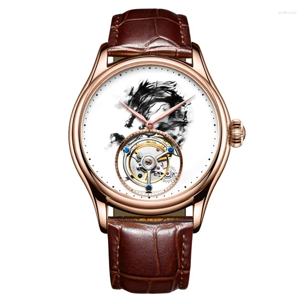 Orologi da polso tourbillon orologio da uomo d'affari meccanico automatico sapphire mirror inchiostro dipinto drago top orologio di fascia alta