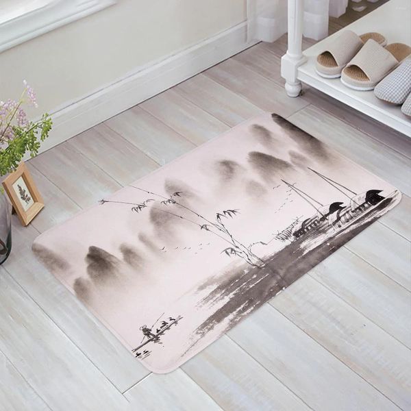 Tapetes paisagem pintura navio bambu cozinha piso tapete sala de estar decoração carpet home hall hall andatrance capachot anti -slip tapete