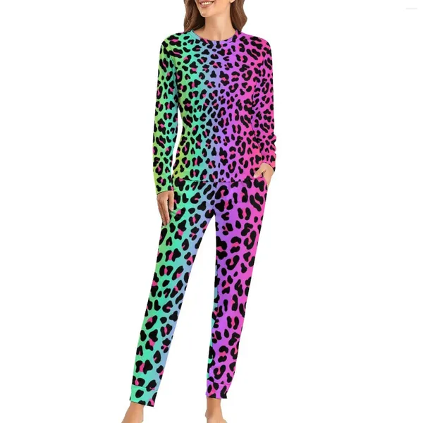 Frauen Nachtwäsche Regenbogen Leoparden Pyjamas Cheetah Neon Print Trendy Pyjama Sets Damen 2 Stück Freizeit übergroßes Design Geburtstagsgeschenk