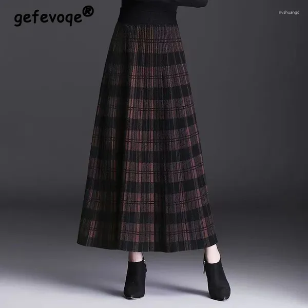 Röcke Frauen Vintage Plaid hohe Taille Elegante Falten-Maxi-Herbst-Winter-Modedicke A-Linie Strickrock Faldas Para Mujeres