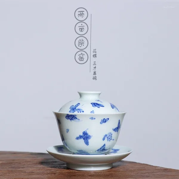 Set di stoviglie | Due mu mantengono il manuale di Jingdezhen a mano disegna tre farfalle nella ciotola del tè tureen sotto la glassa blu e bianca