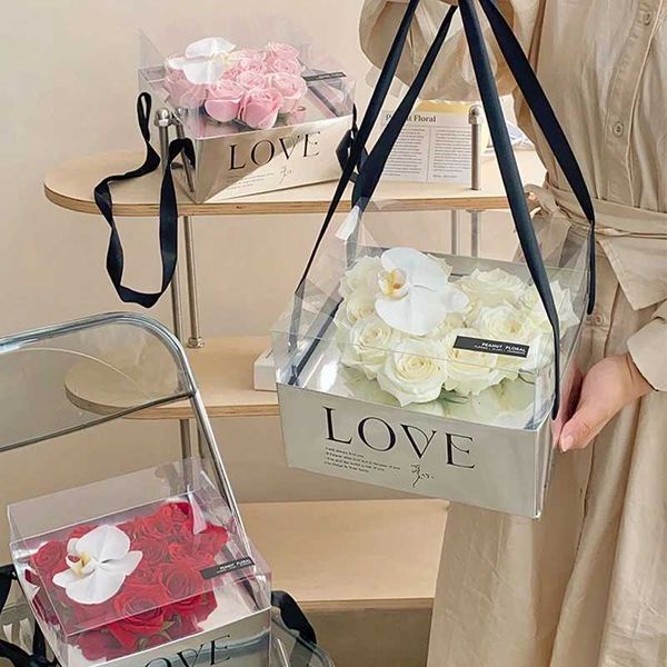 Geschenkverpackung 1 Stück hell silberne Blumenbox Faltbar Liebesbrief bedruckt herzförmige Handtasche Spiegel Papier Rose Geschenkverpackung Box240511