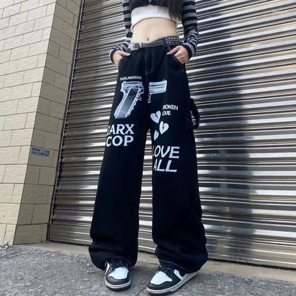 Jeans femininos American Hiphop Arming Print macacão Women Women 2024 Loue Large Wide Laved Film Fashion Troushers