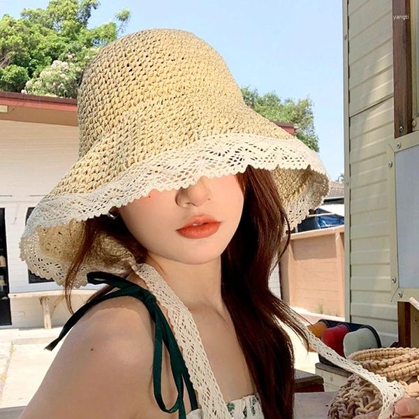 Geniş Memlu Şapkalar Kadın Tatlı Dantel Şerit Saman Şapkası Yaz Güneş Kremi Kova Kapakları Kore Moda Açık Hava Sıradan Seyahat Vizörü
