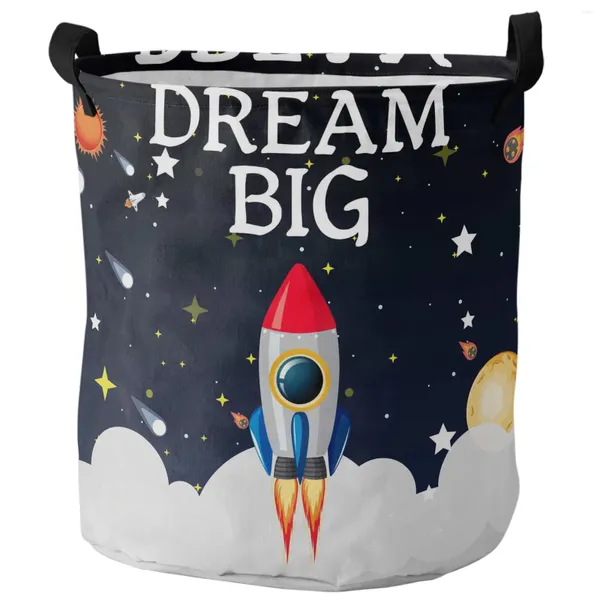 Bolsas de lavanderia Space Universe Rocket Dream grande cesta dobrável Casquete grande capacidade de armazenamento de roupas à prova d'água Organizador infantil