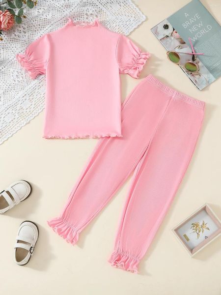 Abbigliamento da casa Girls 2 pezzi Solde Colore elegante Elegante Summer Loungewwear Ruffled Termine High Stretch Short Short Brew Neck Top Pantaloni Set SWE