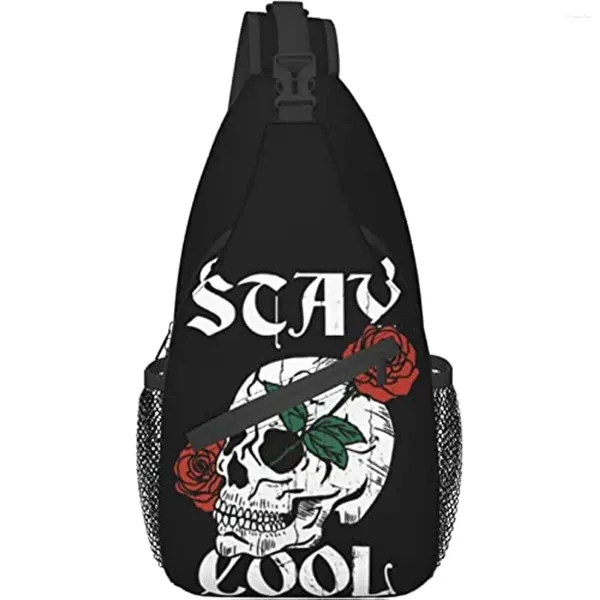 Backpack Sling Bag Skull Rosa vermelha rosa floral Caminhando Daypack Daypack Crossbody ombro Viagem Pacote de peito para homens Um tamanho