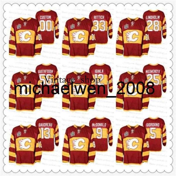 Vin Weng Custom Heritage Classic 2011 Warm Up Red Jersey 33 Avid Rittich Elias Lindholm 56 Erik Gustafsson Jarome Iginla Nieuwendyk